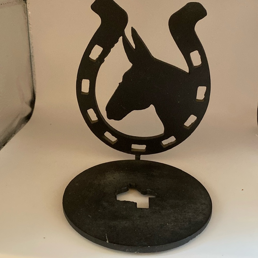 Black metal western Southwestern horseshoe w/ Texas state shape candle stand